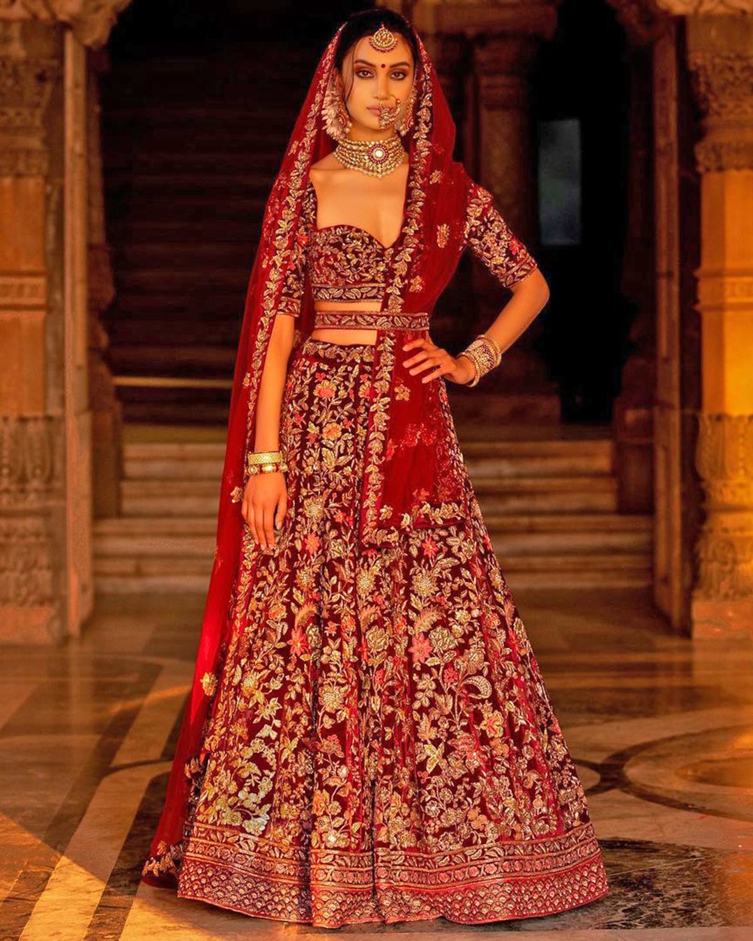 indian wedding dresses red with gold embellishment lelehga shyamalbhumika