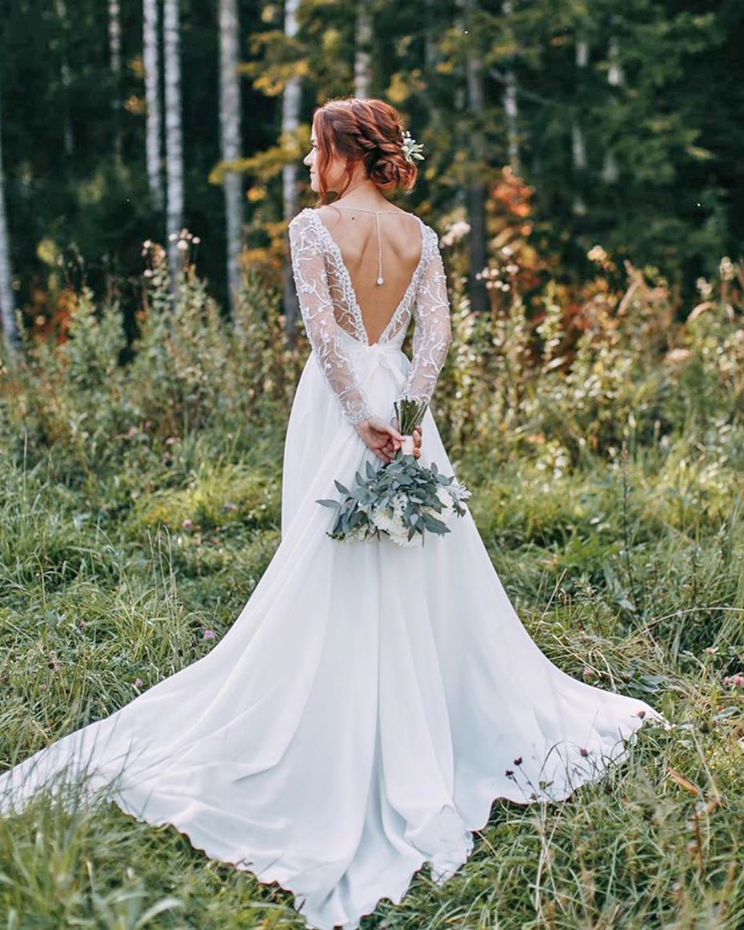 rustic wedding dresses a line v back with illusion sleeves lace alexveil