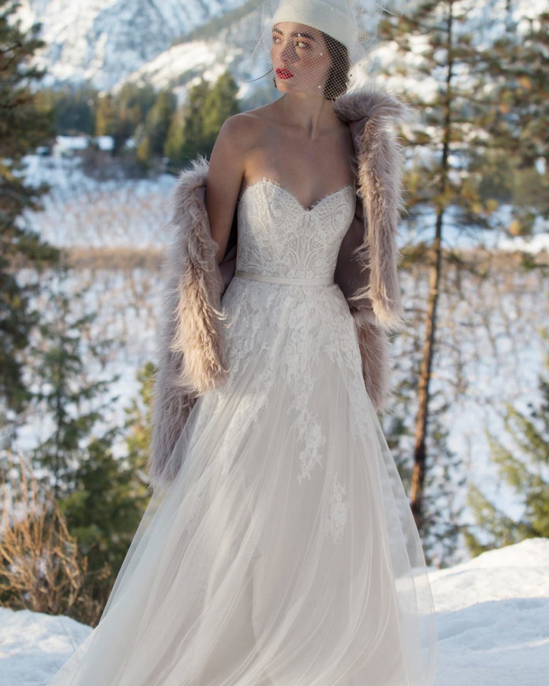 winter wedding dresses outfits sweetheart strapless neckline lace with fur willowby