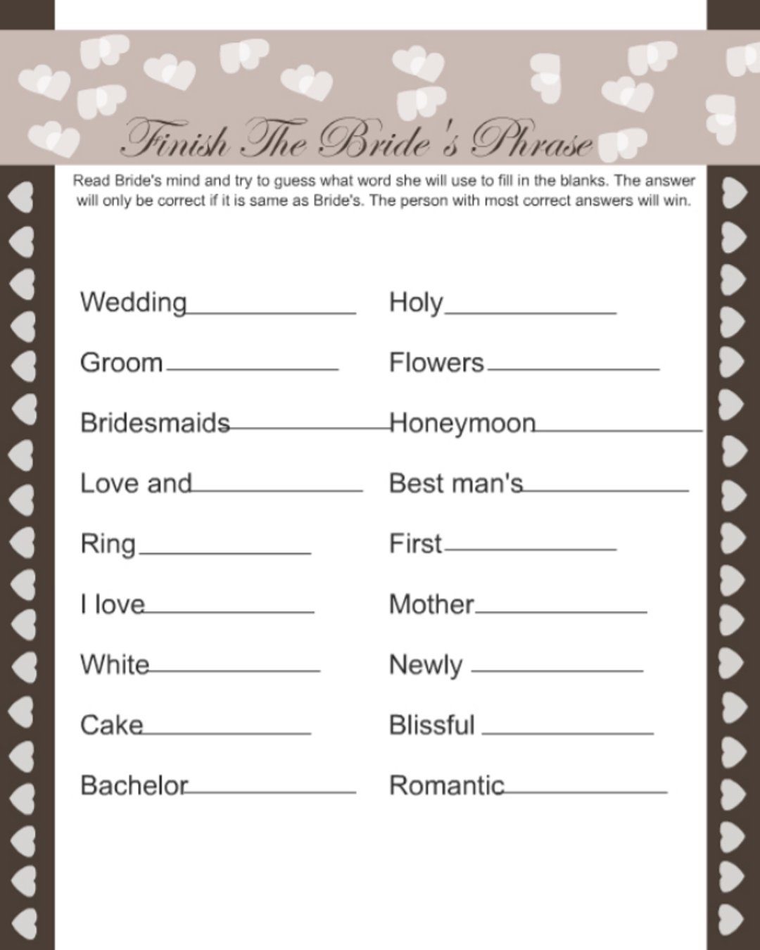 barchelotte party games finish the brides phrase game classic