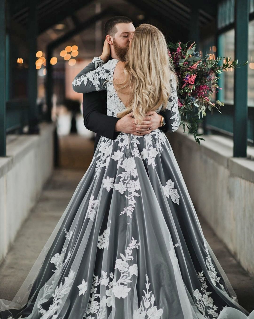 black wedding dresses a line with long sleeves with white justinalexander