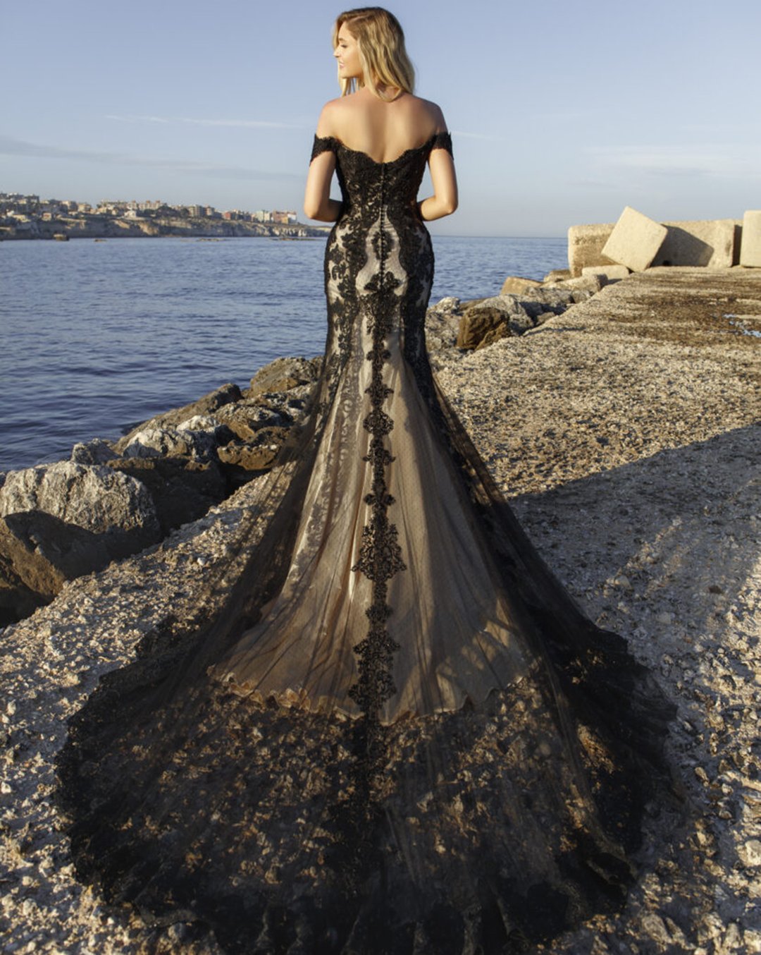 black wedding dresses fit and flare off the shoulder lace with train jarice