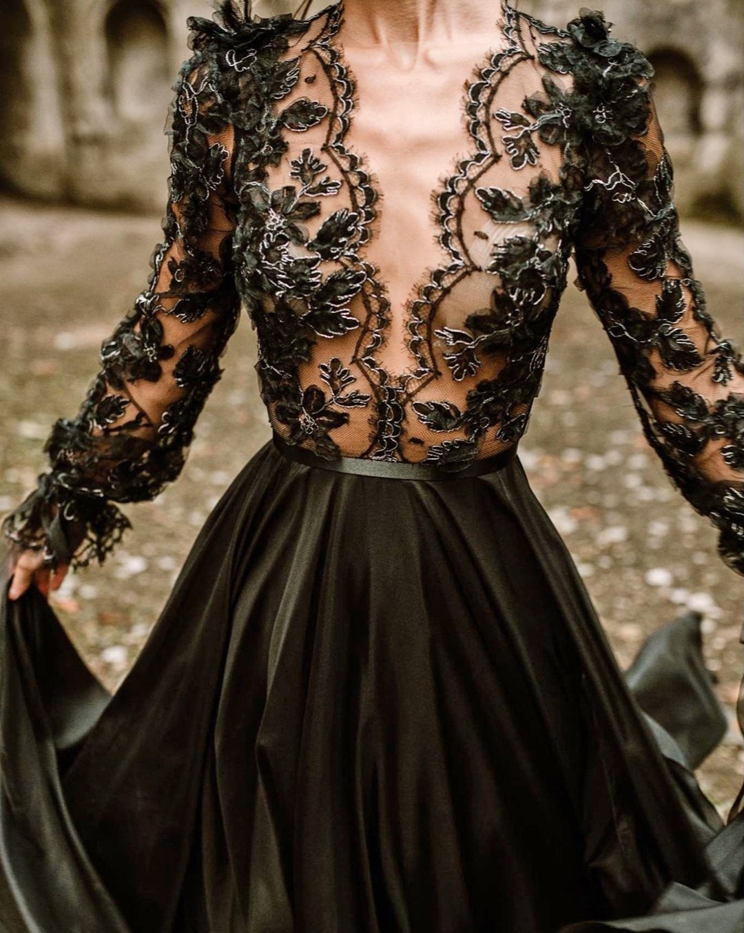 black wedding dresses sexy deep v neckline with illusion long sleeves lace daalarma