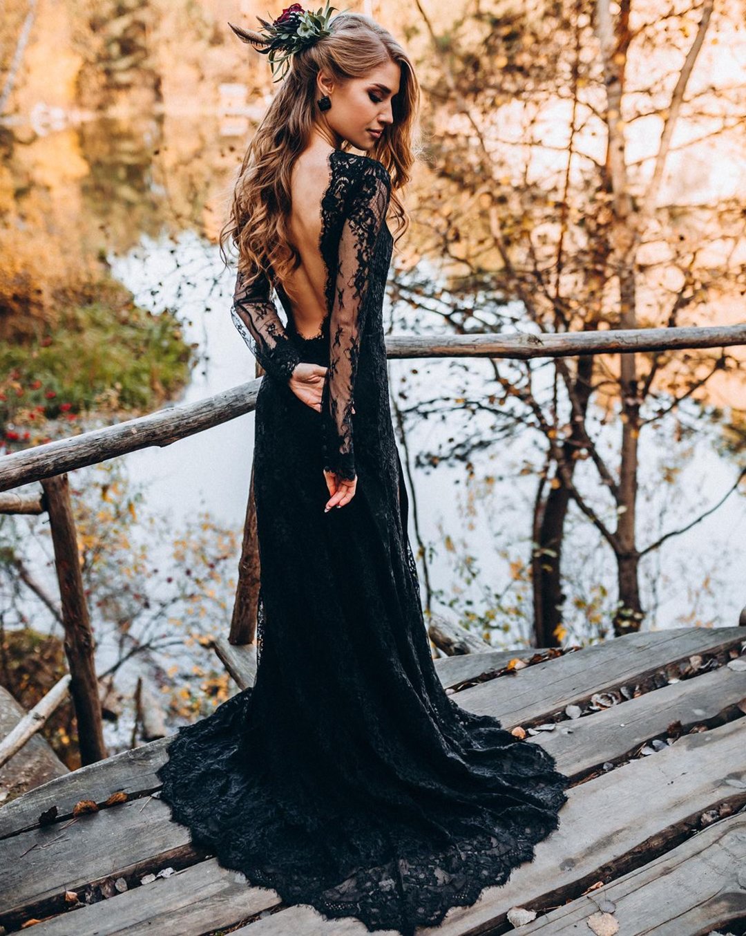black wedding dresses sheath v back with illusion long sleeves lace with train