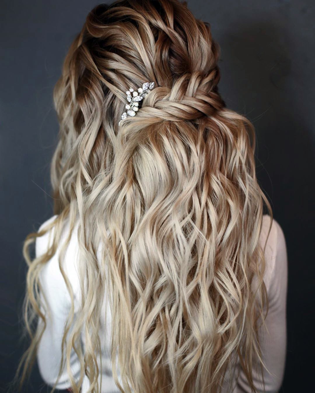 boho wedding hairstyles curly half up with braid and pin lenabogucharskaya