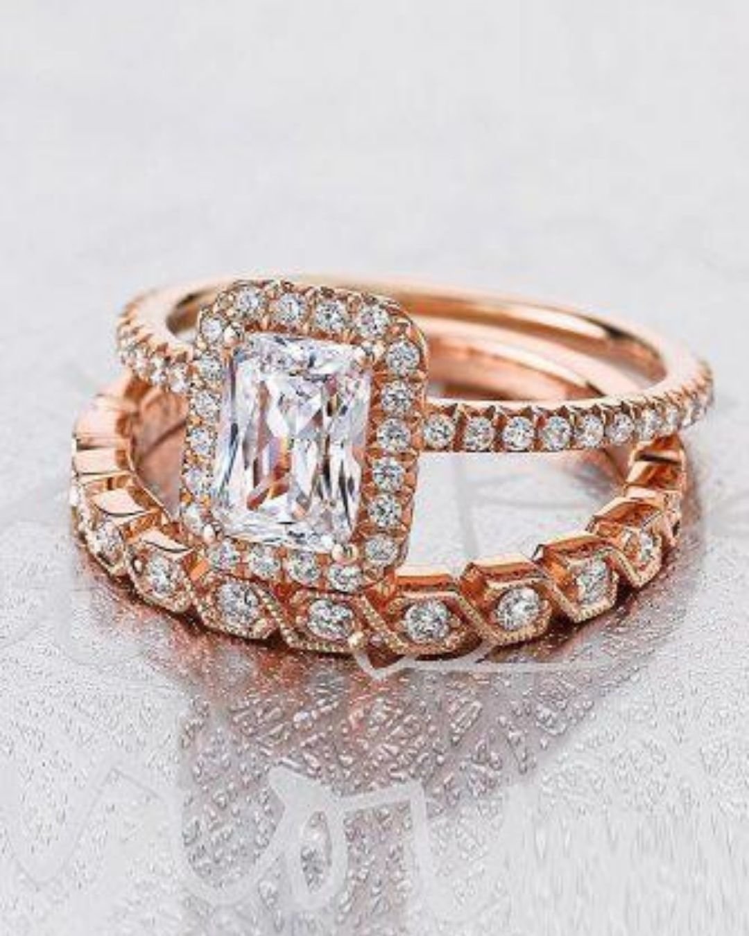 diamond wedding rings emerald cut halo diamond rose gold