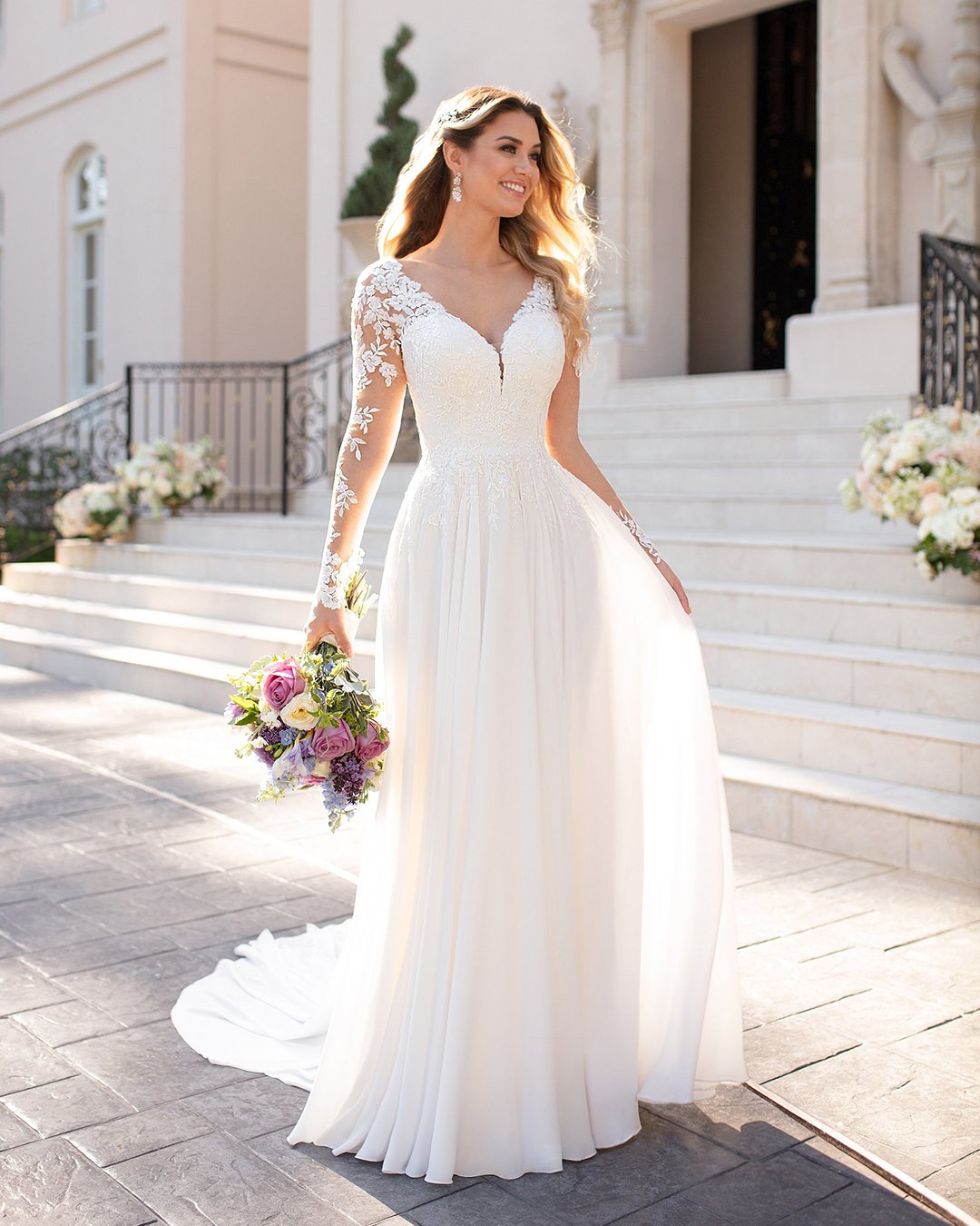 fall wedding dresses with illusion long sleeves sweetheart neckline lace stella york