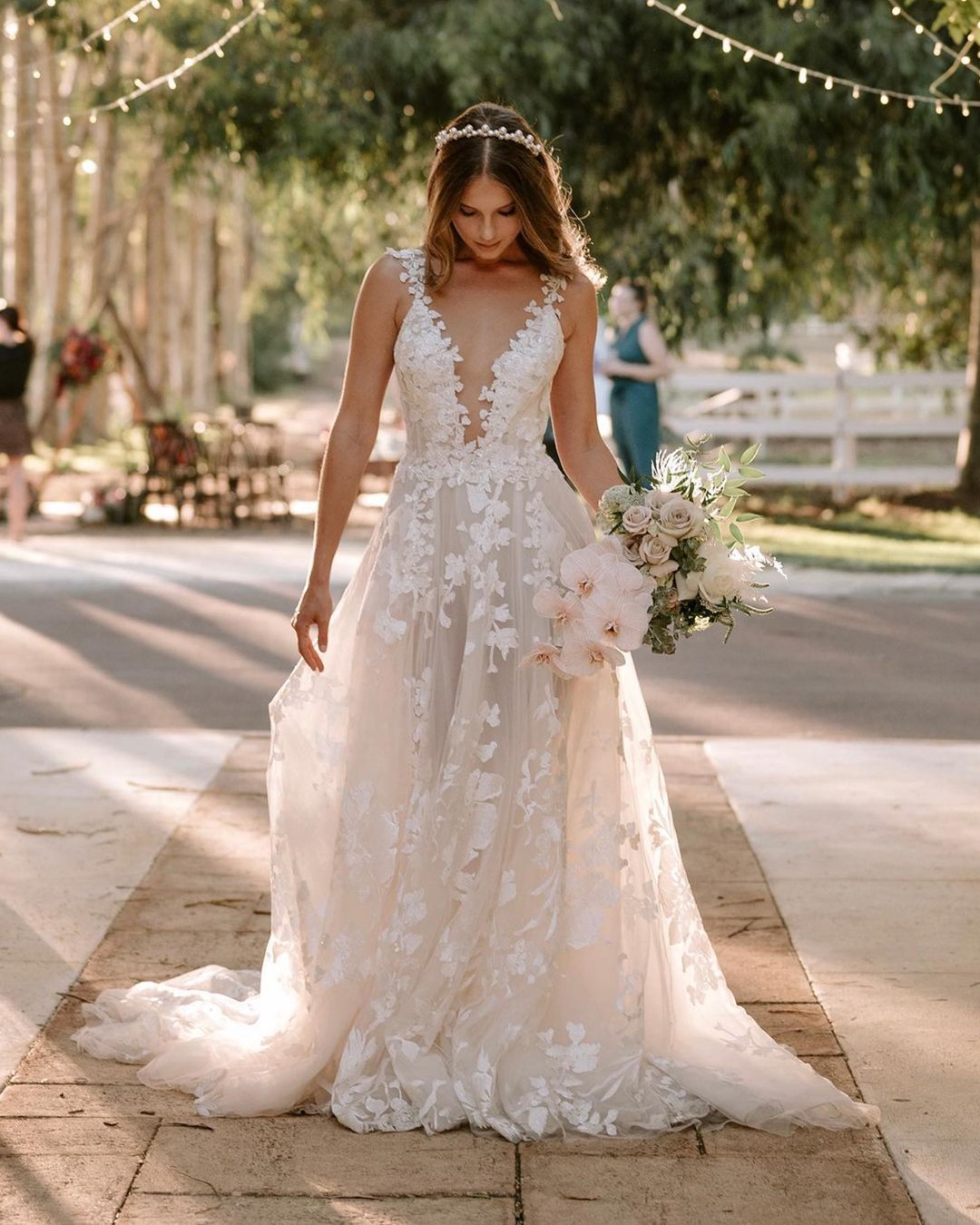 deep v neck lace wedding dress