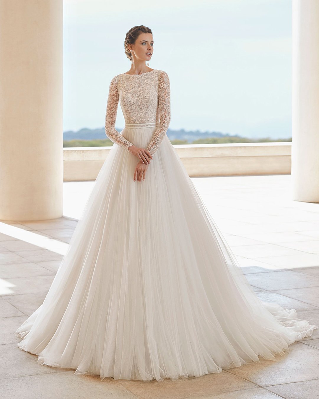 Long Sleeve Off The Shoulder Sheath Wedding Dress With Lace Bodice And  Train | Kleinfeld Bridal