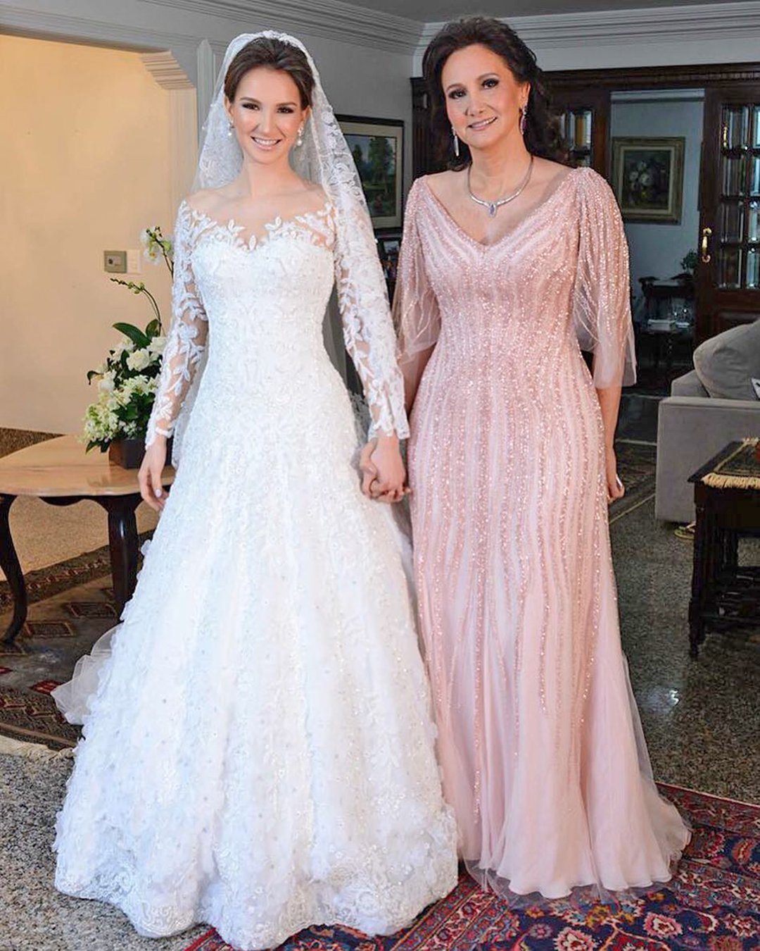 mother of the bride dresses long pink sequins v neckline summer spring paulodolce