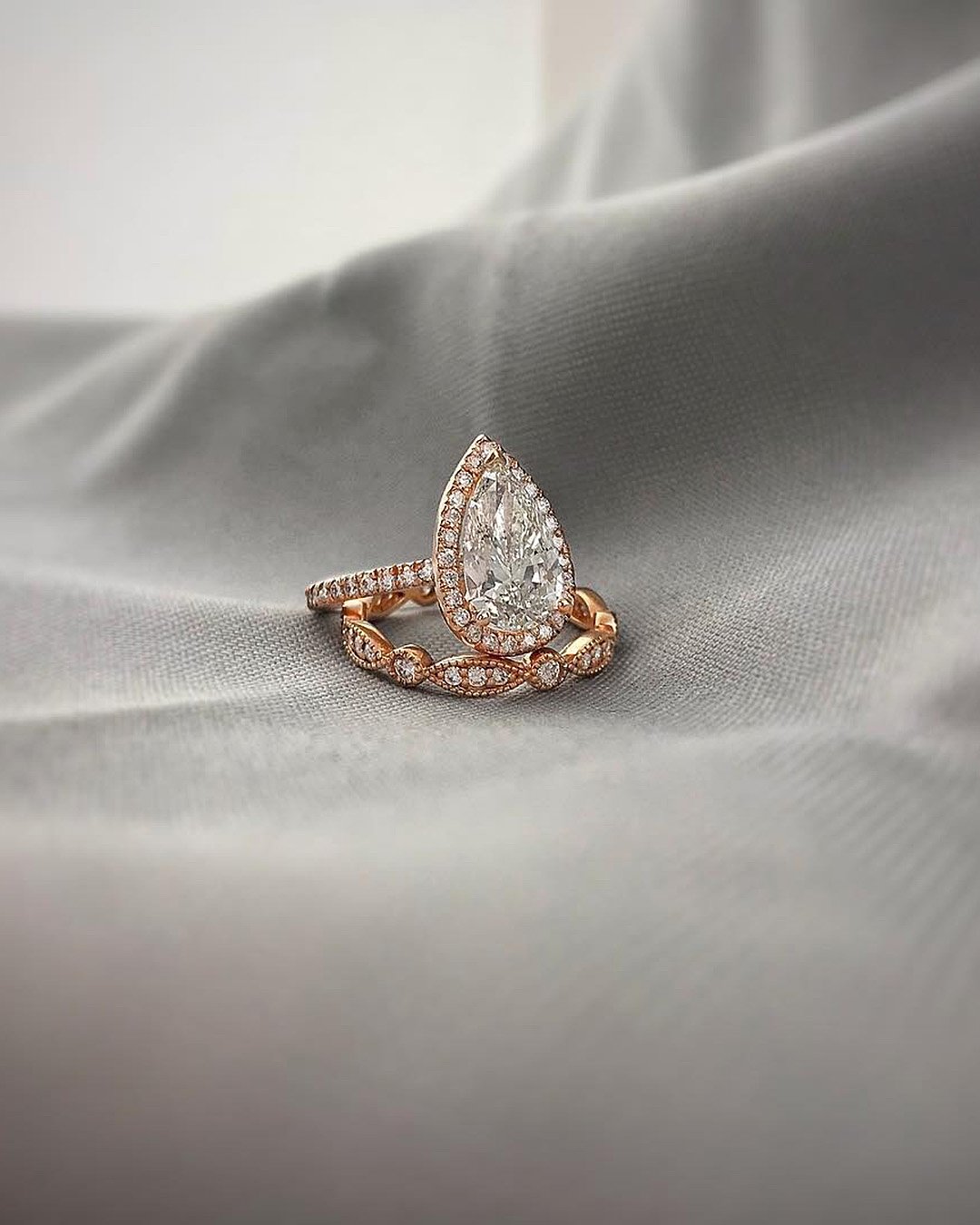 ring trends rose gold pear cut halo wedding set