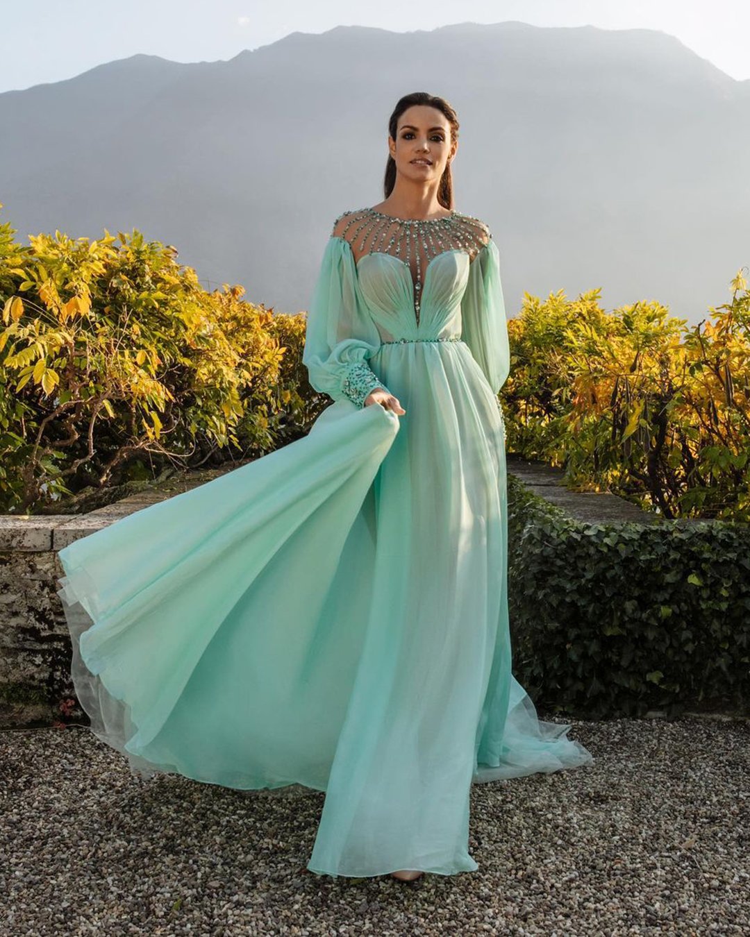 wedding guest outfit green with long sleeves sweetheart neckline fall spring winter sophiecouture