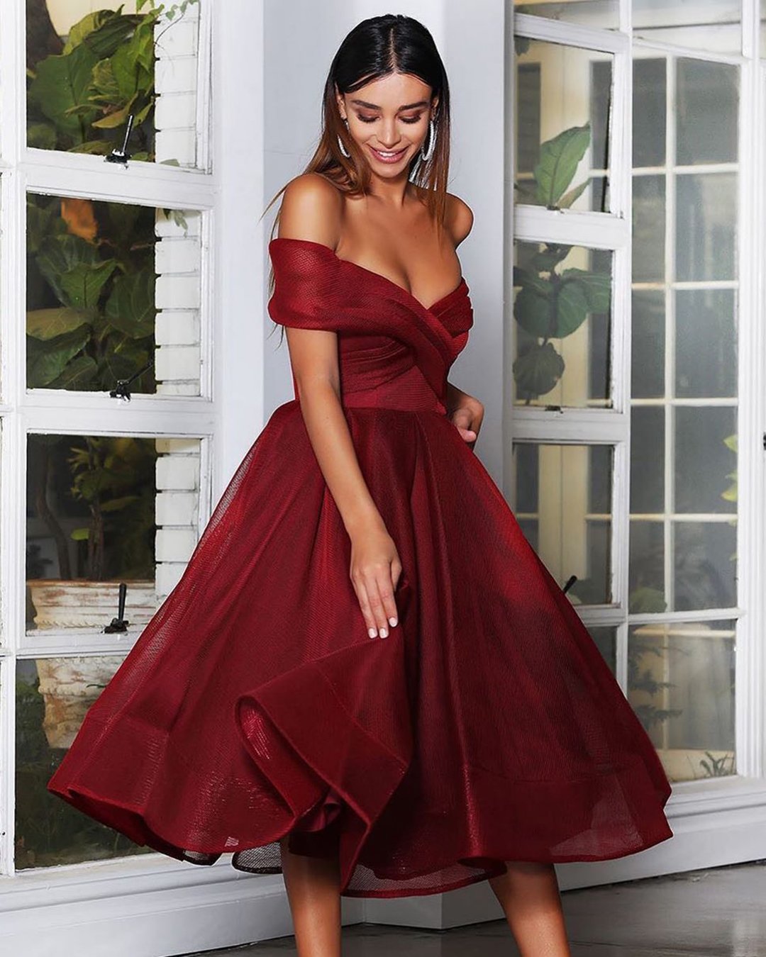wedding guest outfit knee length off the shoulder simple burgundy whiterunway