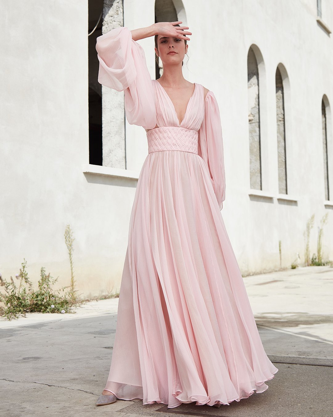 wedding guest outfit long with sleeves pink simple a line peter langner