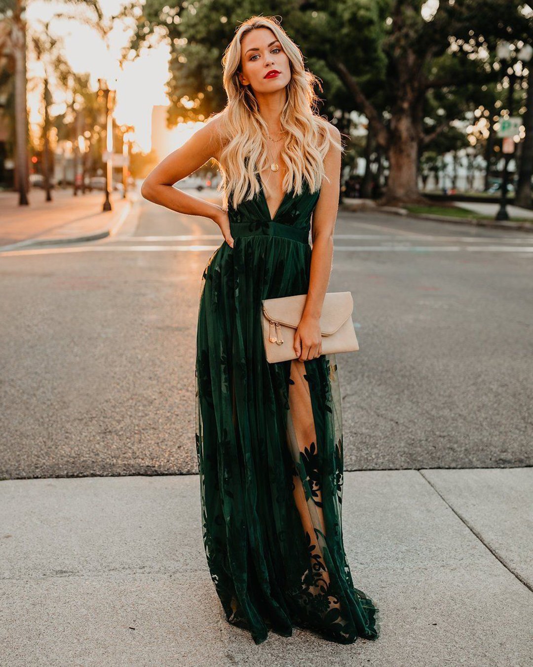 wedding guest outfit long with spaghetti straps green beach reddressboutique
