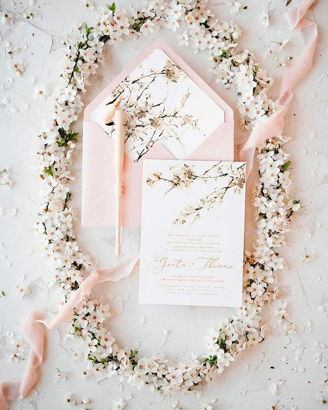 wedding invitation wording blush floral design ribbon blush spring