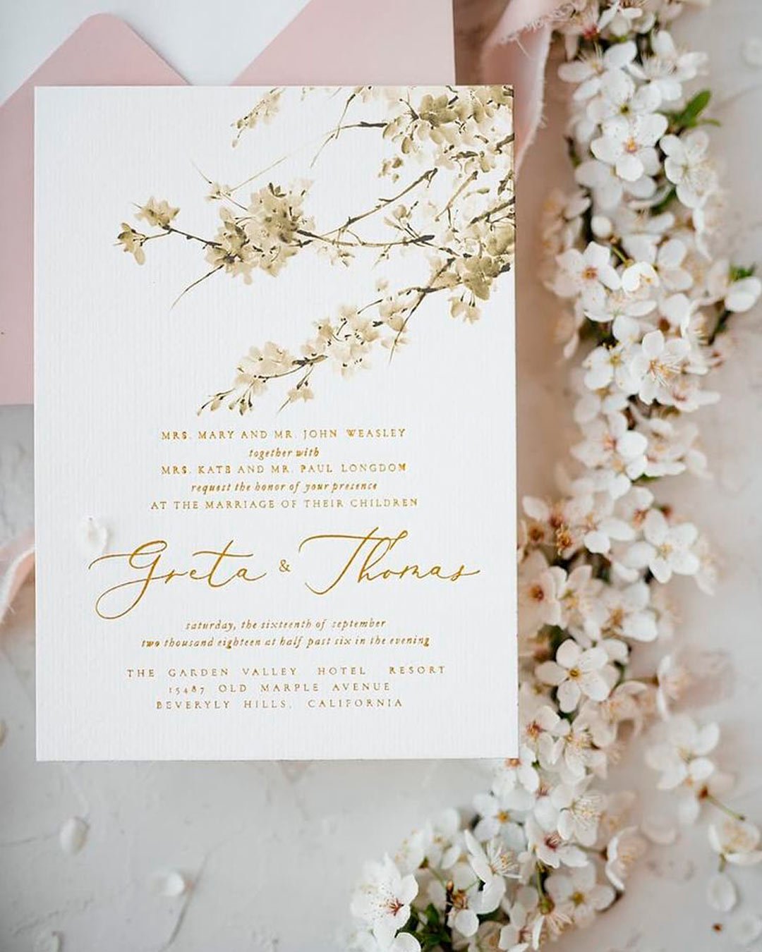 wedding invitation wording blush floral design ribbon wording margoandbees