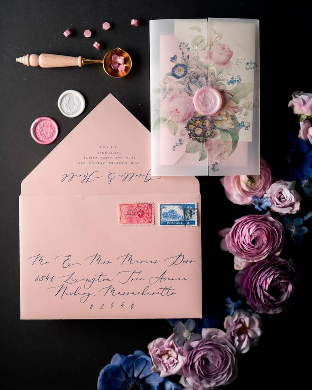 wedding invitation wording pink dark blue flowers