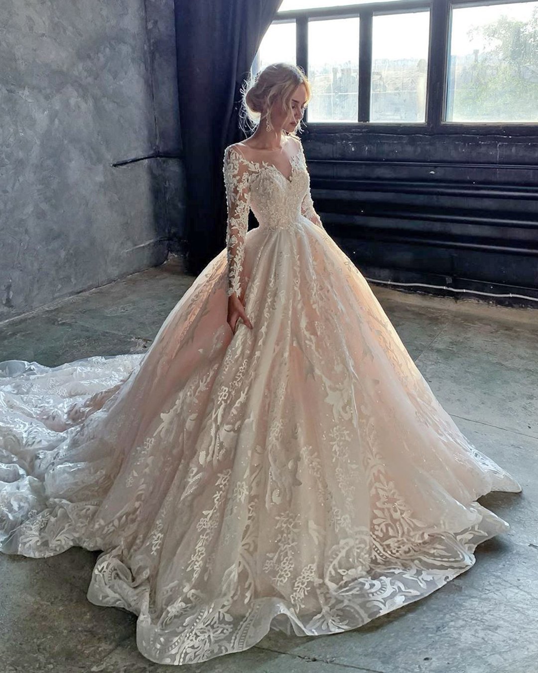 ball gown wedding dresses with illusion long sleeves lace blush olivia bottega