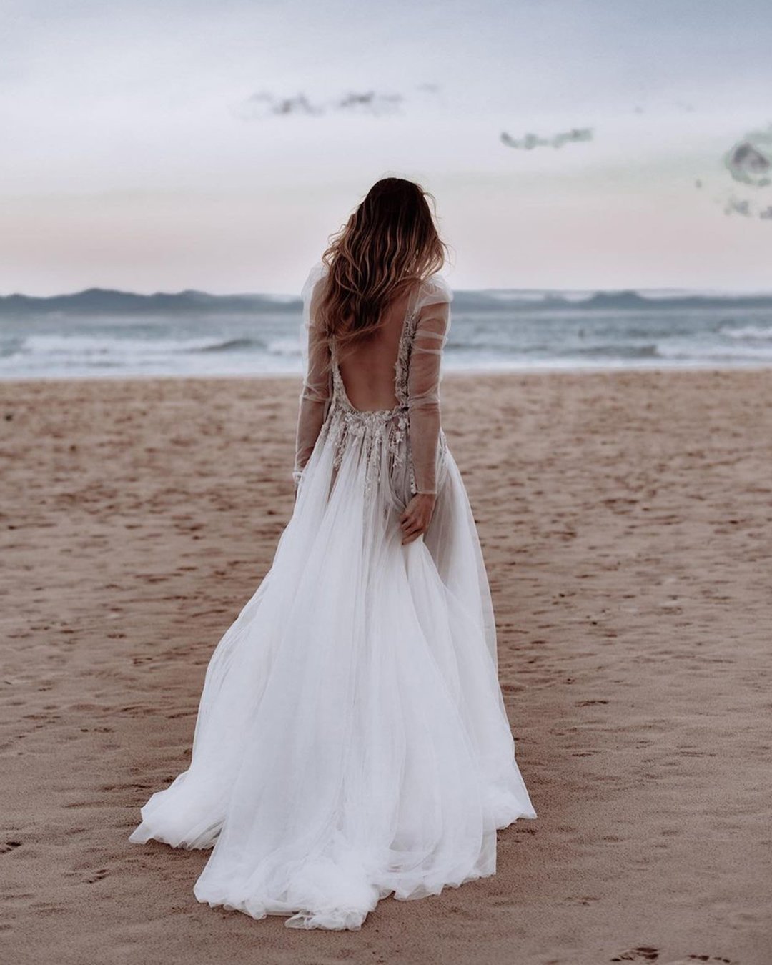 beach wedding dresses low back with illusion sleeves leahdagloria