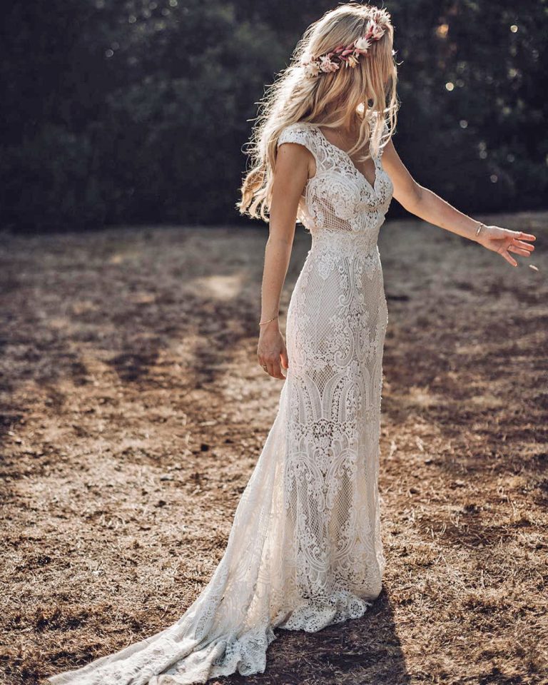 bohemian wedding dress with cape sleeves