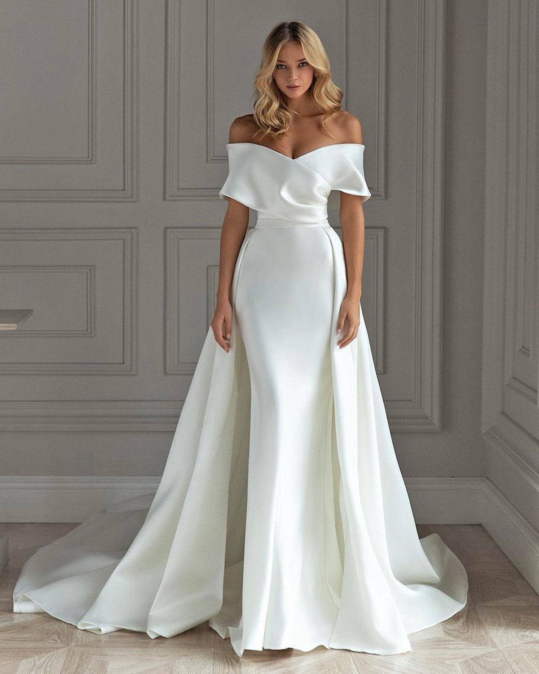 bridal dresses simple strapless off the shoulder neckline with overskirt evalendel
