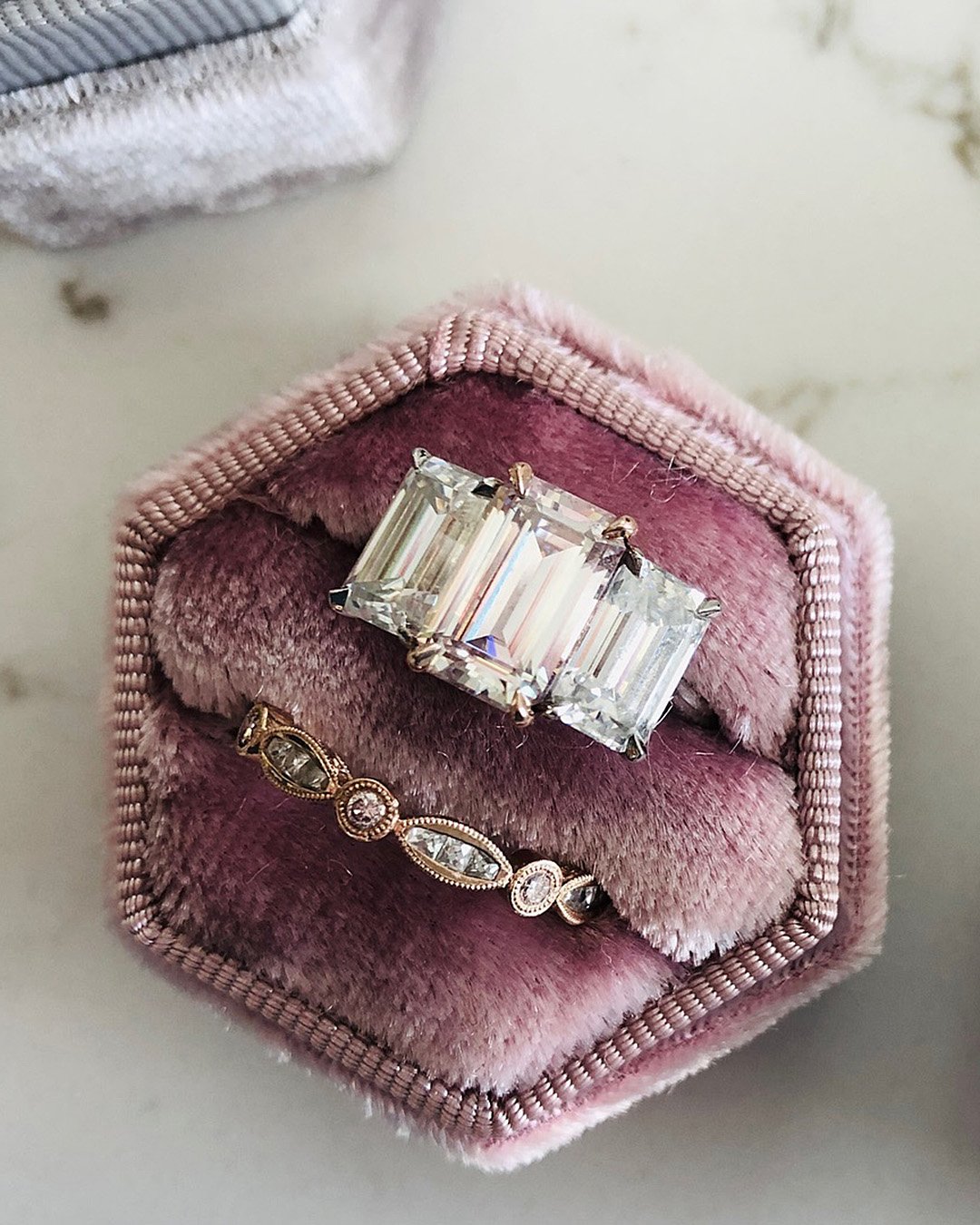 emerald cut engagement rings gold wedding set three stones