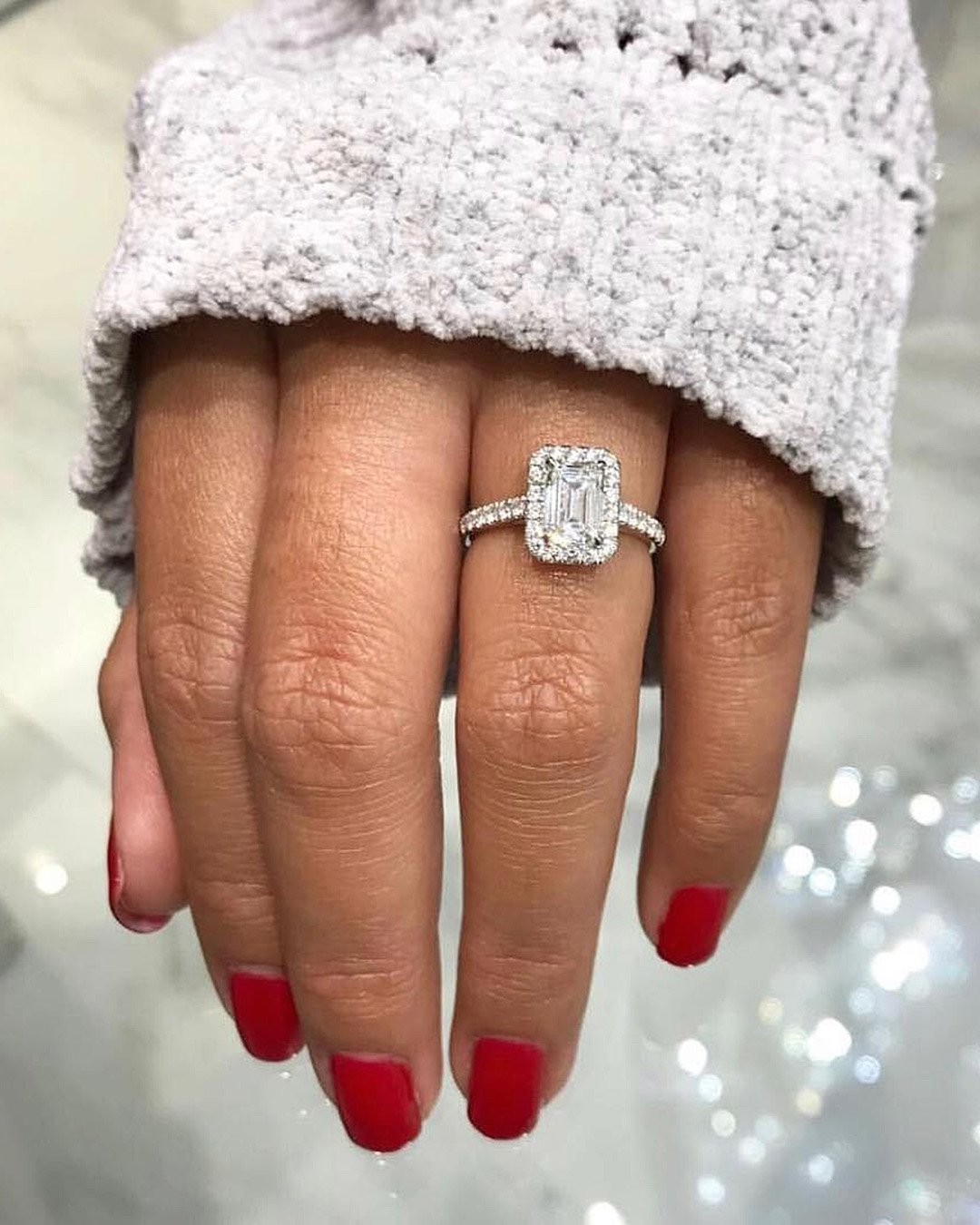 emerald cut engagement rings pave band gold halo