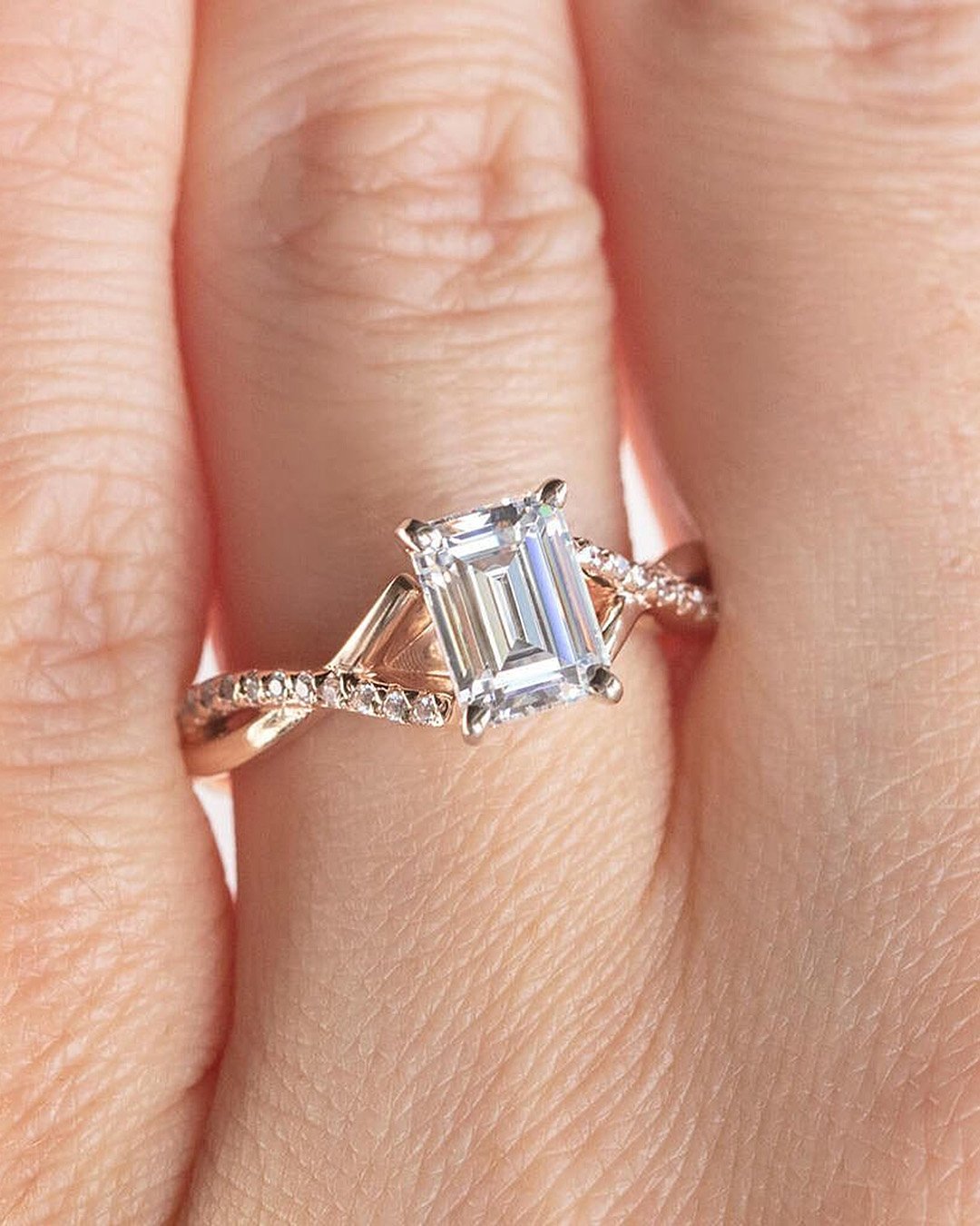 emerald cut engagement rings twisted band solitaire diamond rose gold