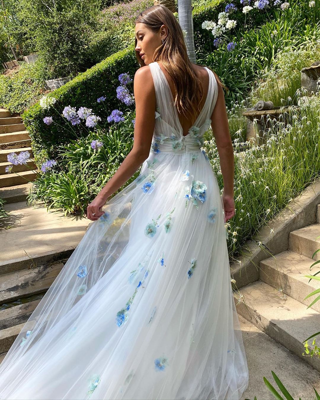 floral wedding dresses a line v back with blue appliques white monique