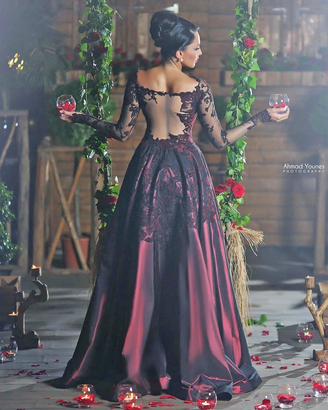 gothic wedding dresses a line with sleeves red with black lace ahmadyounesphotography