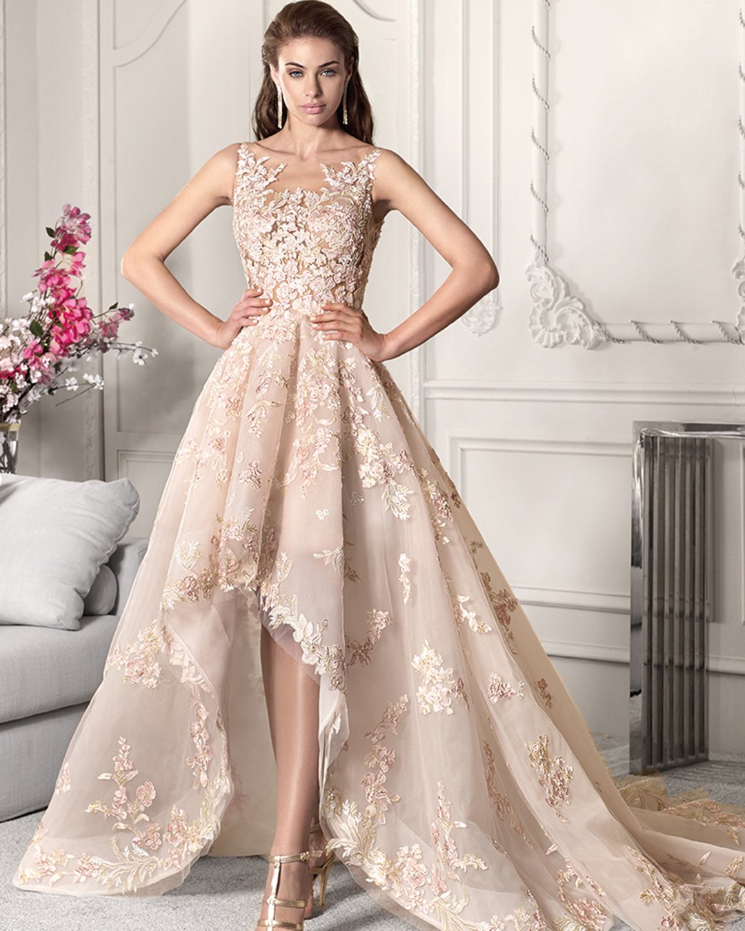high low wedding dresses illusion neckline lace blush demetrios