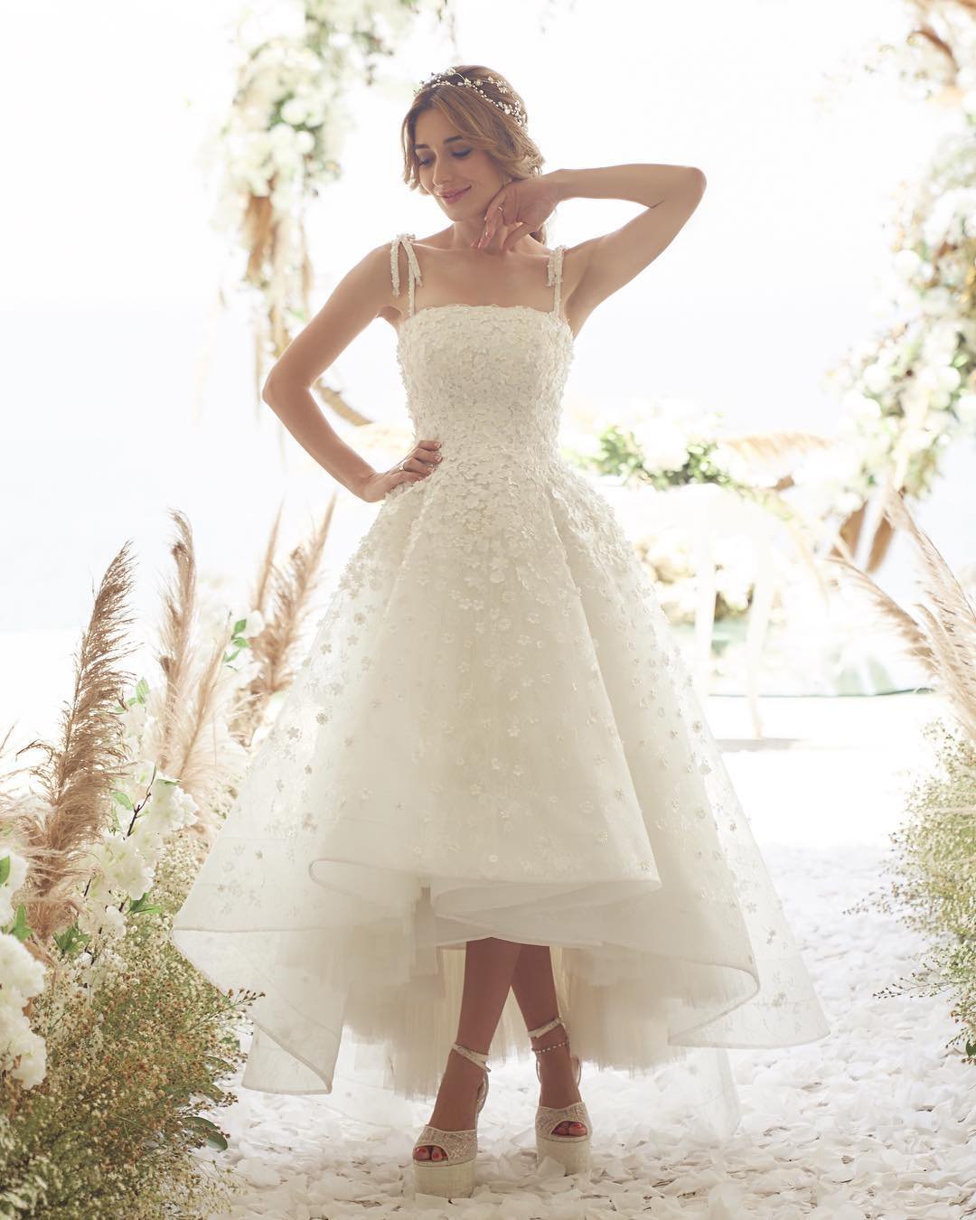 high low wedding dresses with spaghetti straps floral appliques meltatan