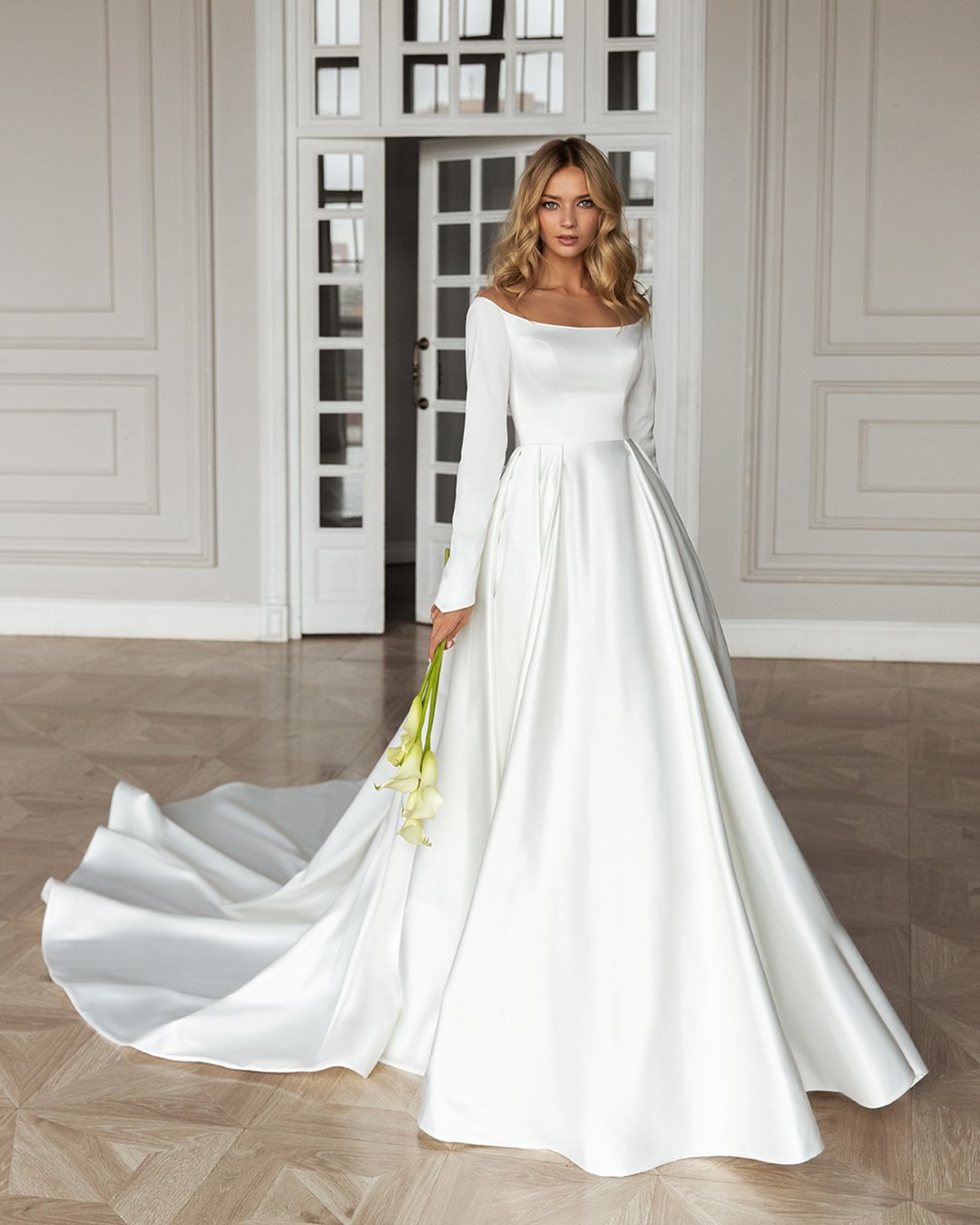 simple off the shoulder long sleeve wedding dress