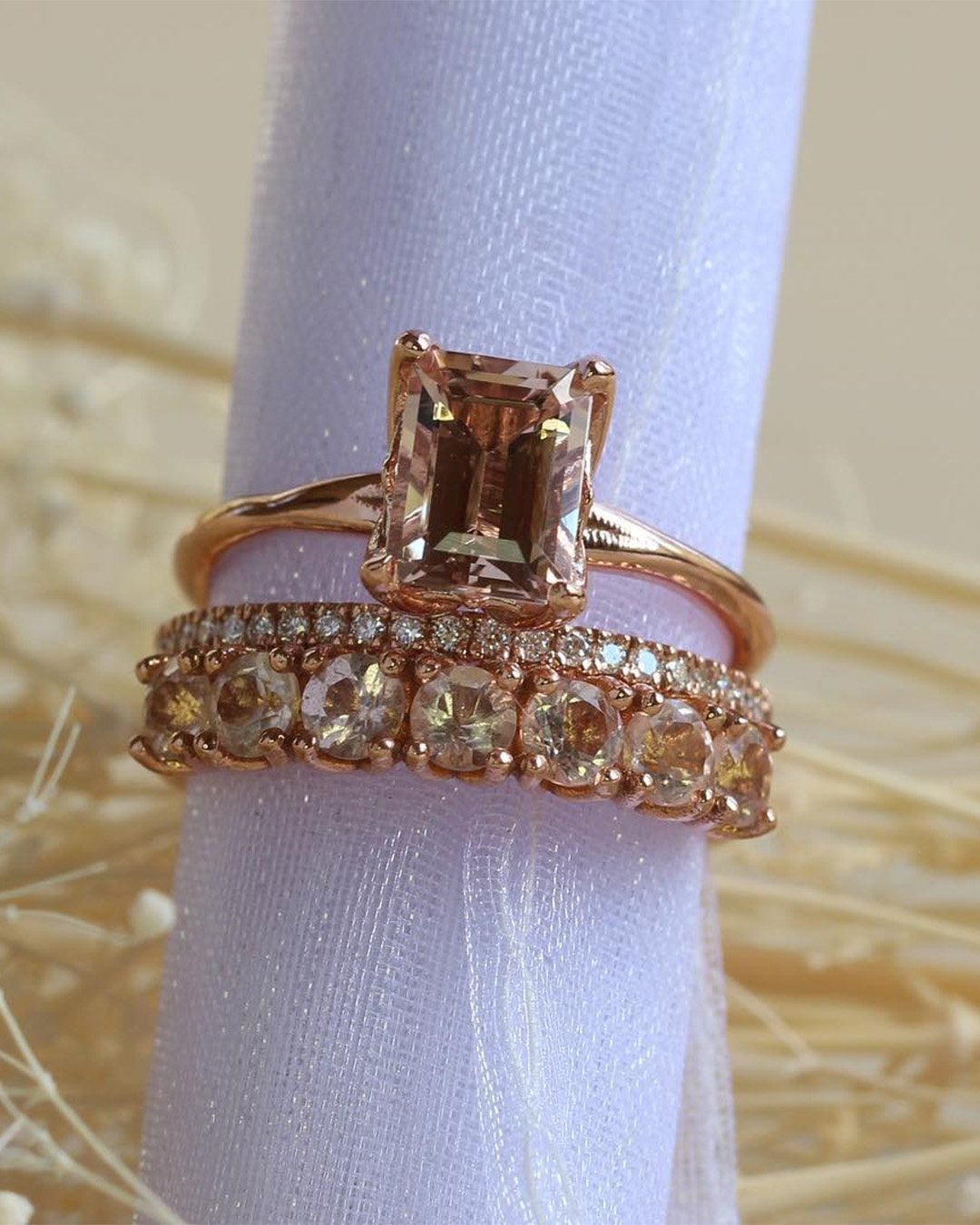 morganite engagement rings emerald cut ring wedding set pave band