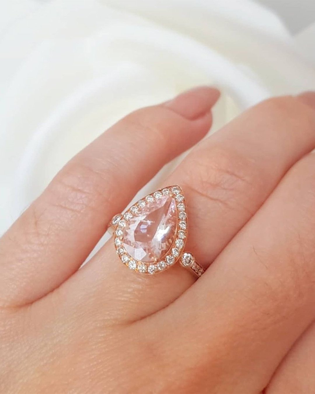 morganite engagement rings pear cut halo ring