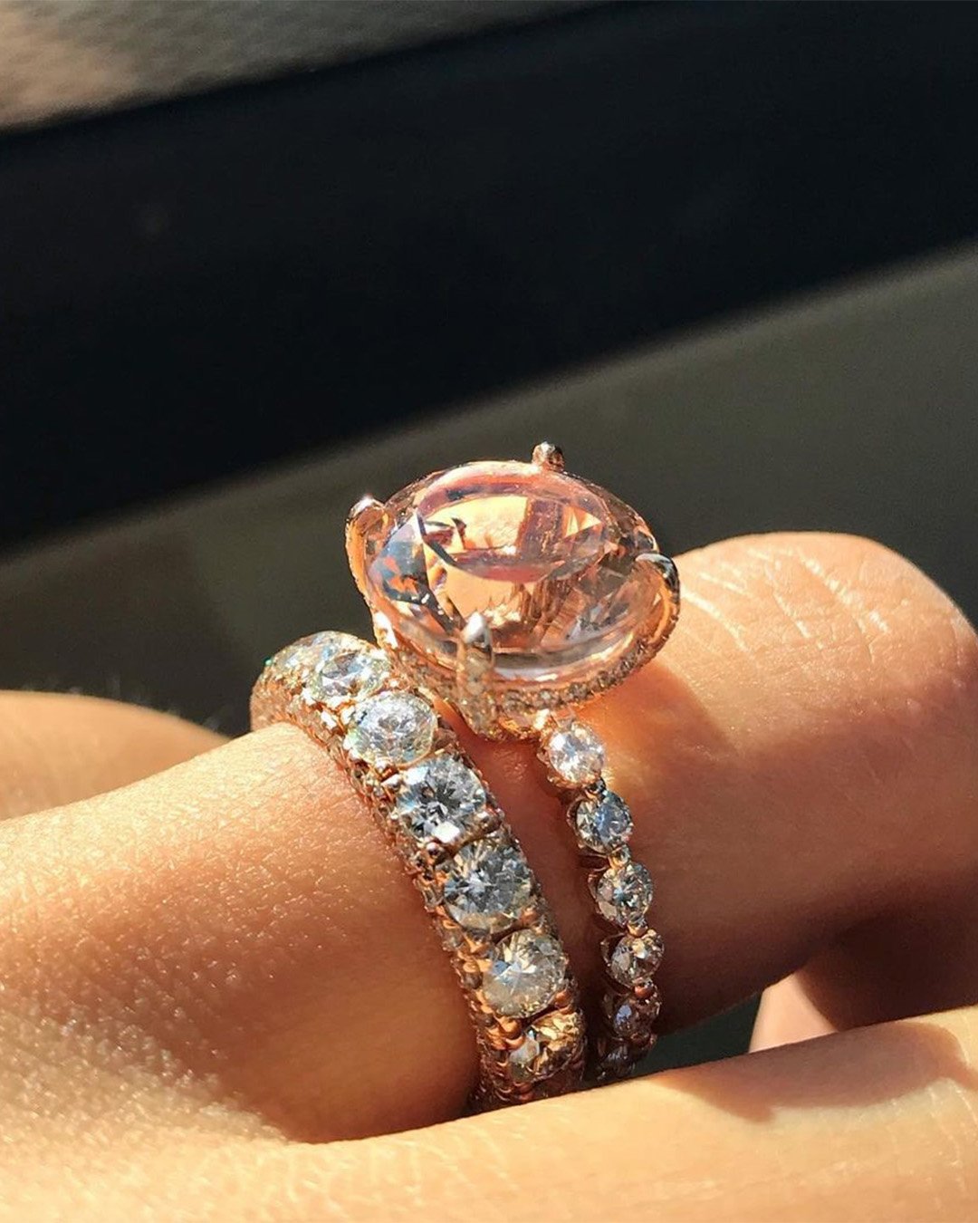 morganite engagement rings round cut wedding set pave band