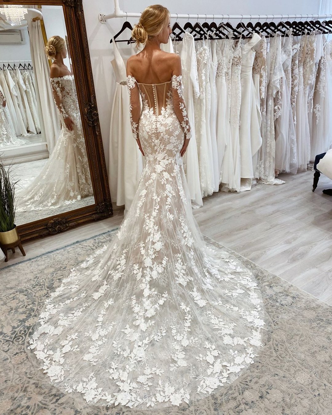 off the shoulder wedding dresses fit and flare with sleeves lace enzoani