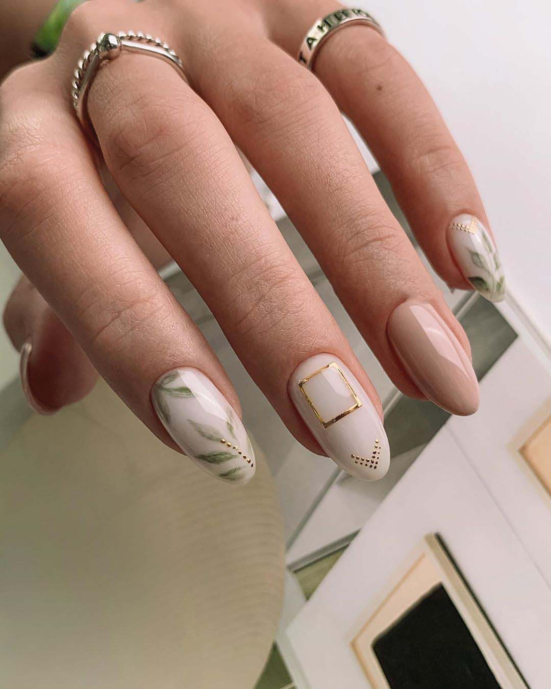 pinterest nails nude white with green leaves nailsmade