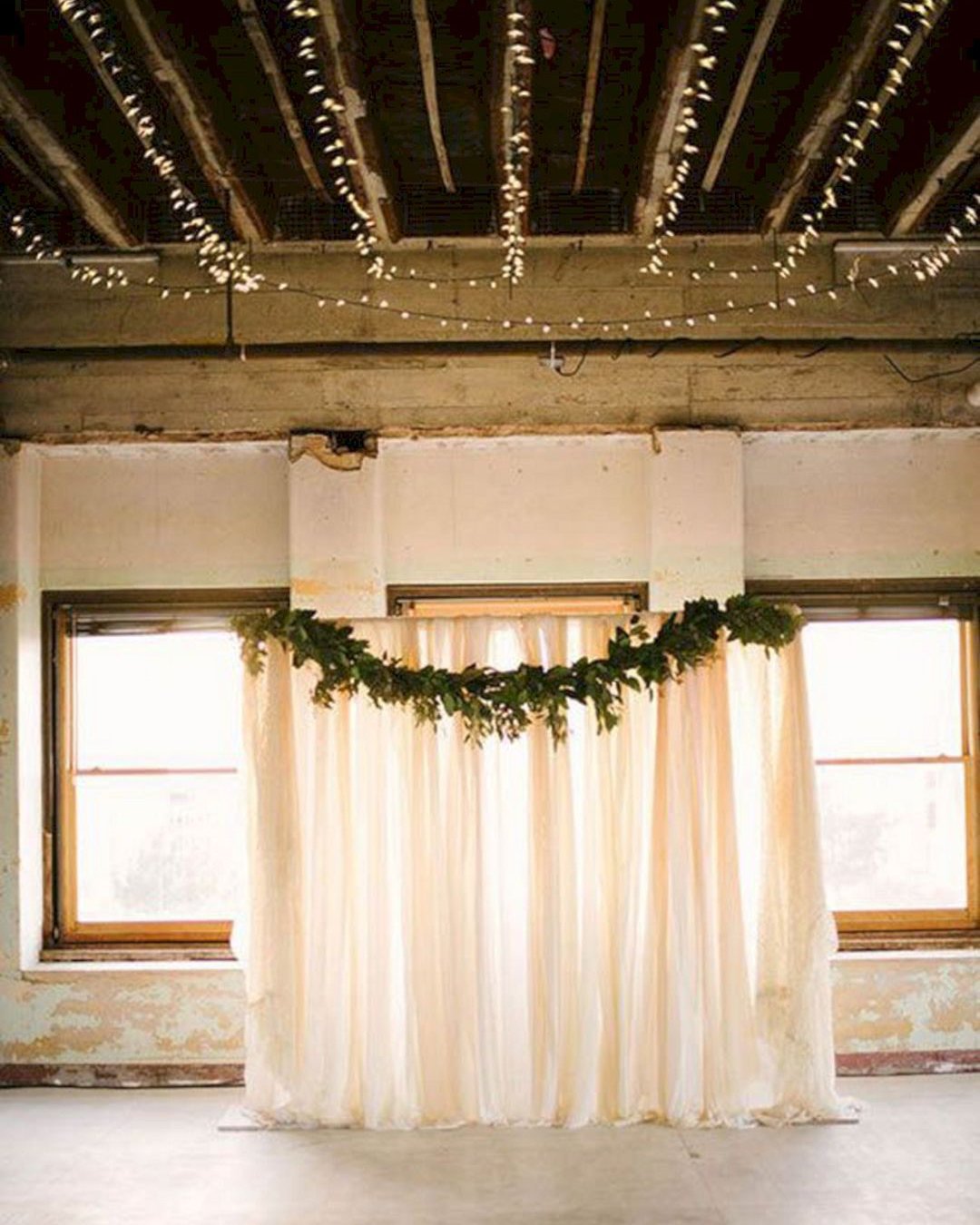 rustic wedding decor ceremony backdrop white cloth and greenery garland something gold photography