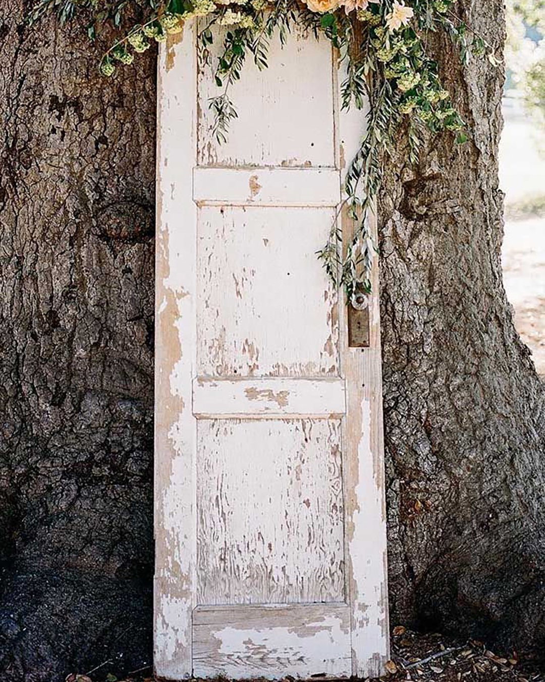 rustic wedding décor wooden antique door decorated with flowers allie lindsey photography