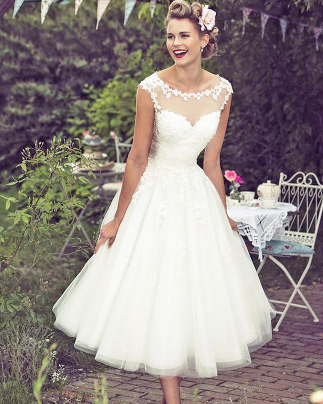 tea length wedding dresses illusion neckline with cap sleeves sweetheart lace lucky bridals