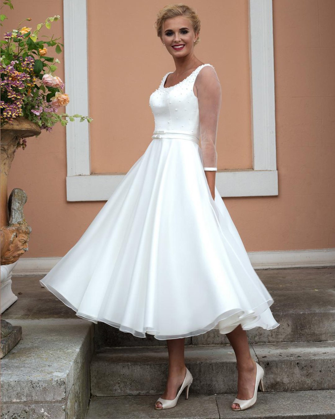 tea length wedding dresses simple with illusion long sleeves pearls truebride