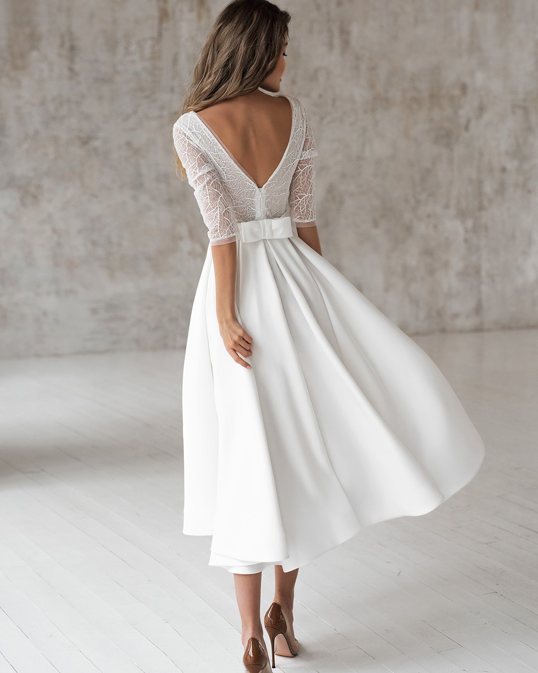 tea length wedding dresses with sleeves v back bow rustic nrcouture