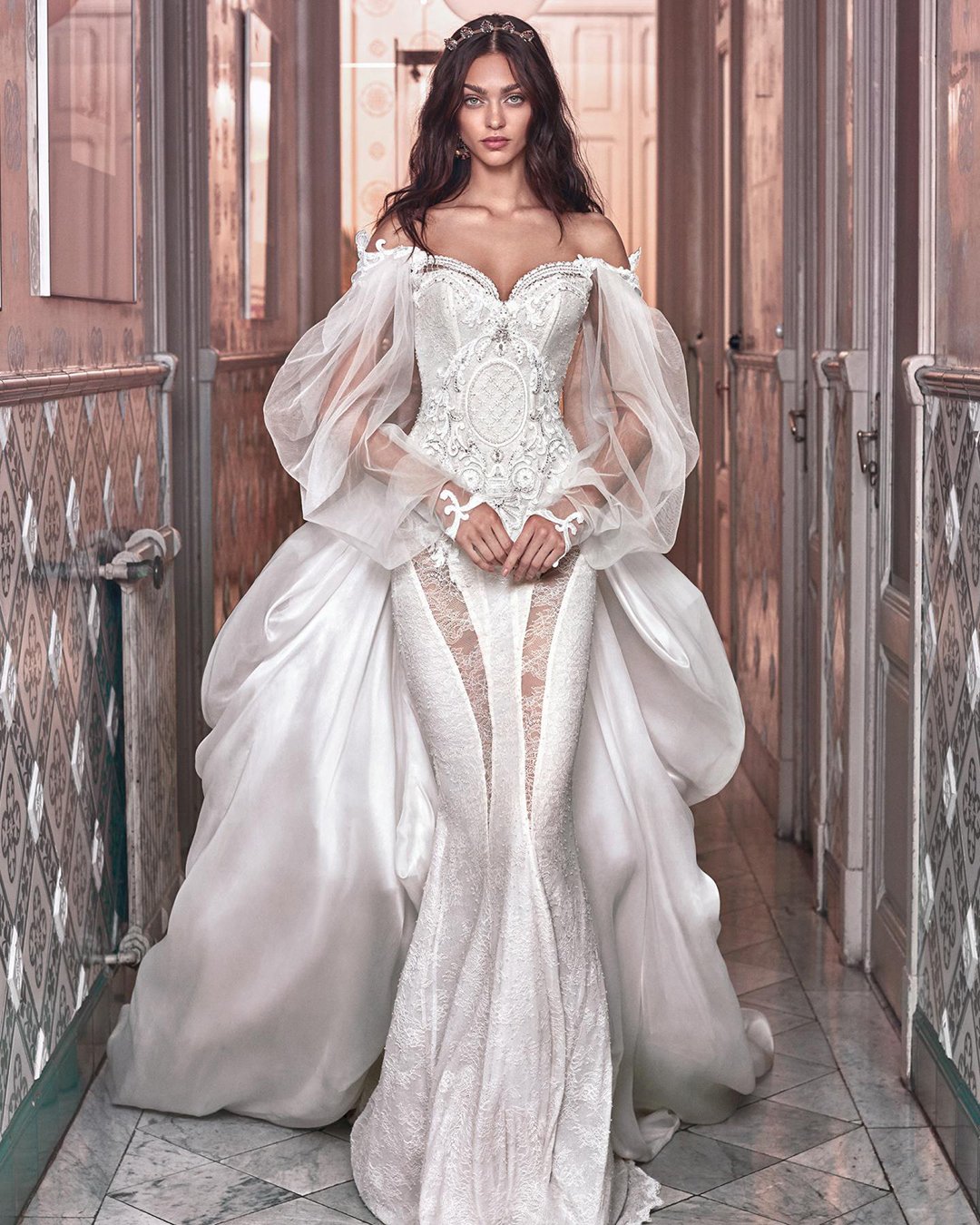 victorian wedding dresses fit and flare with sleeves off the shoulder puff sleeves galia lahav