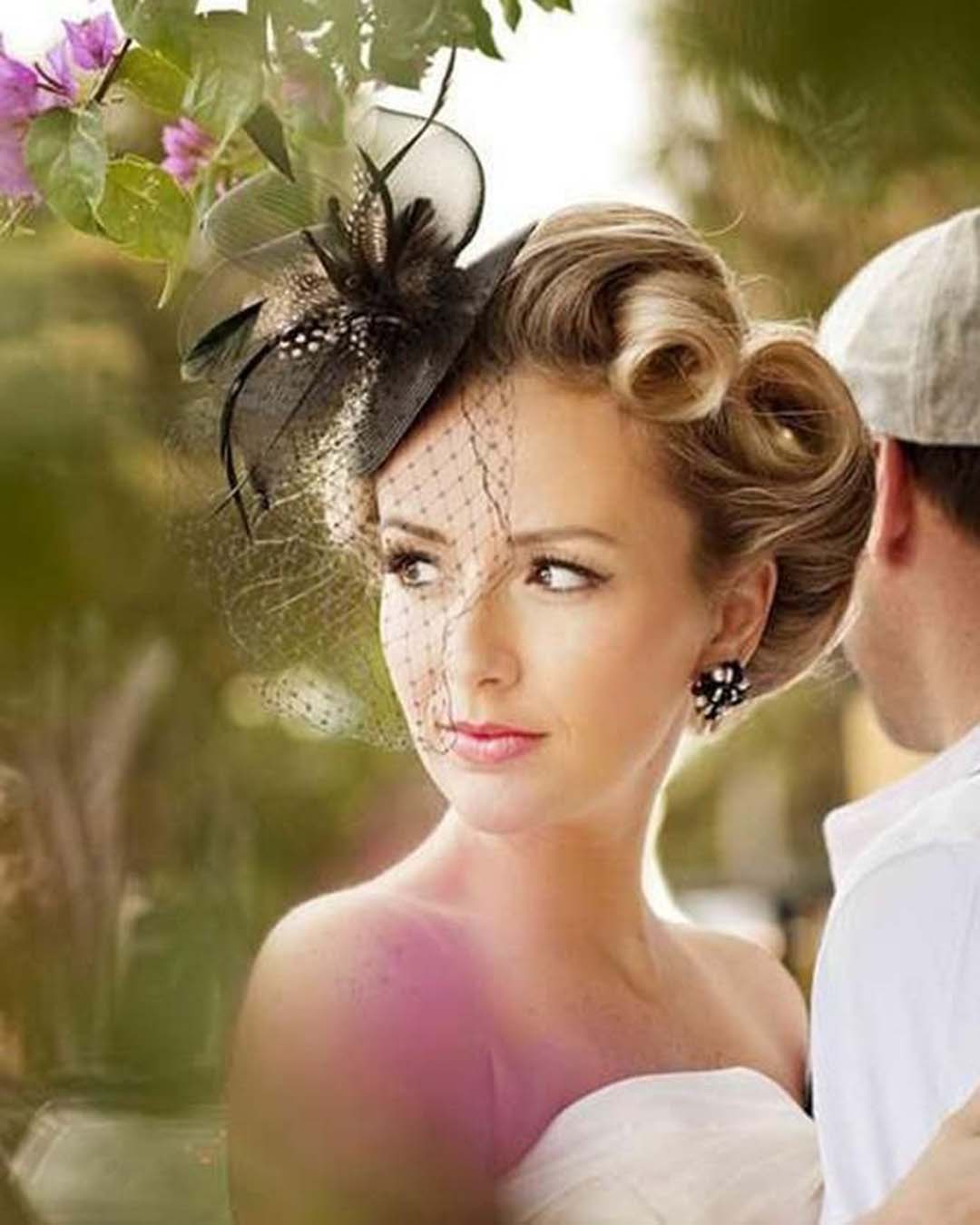 vintage wedding hairstyles updo with rolls and hat stephan maloman