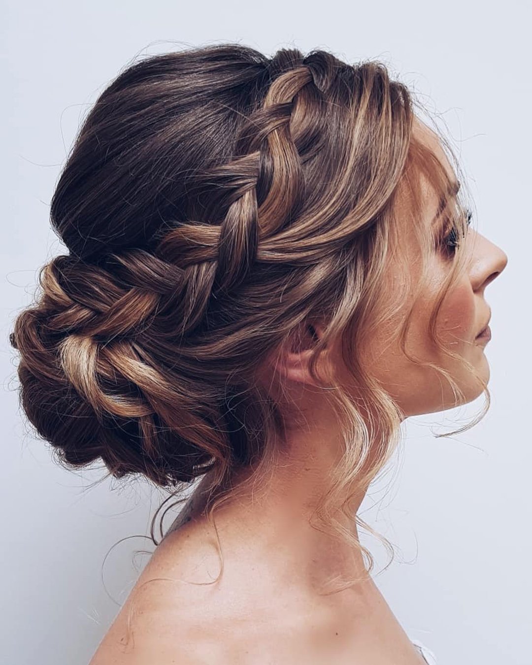 wedding hairstyles for medium hair braided crown low bun hairbyhannahtaylor