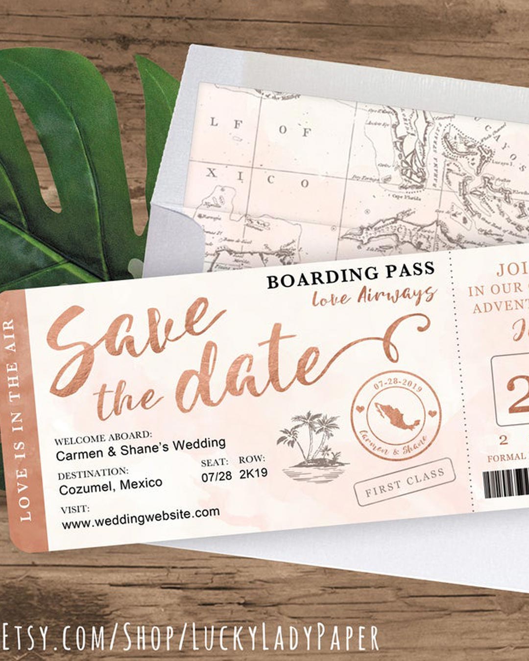 wedding save the dates boarding rose gold