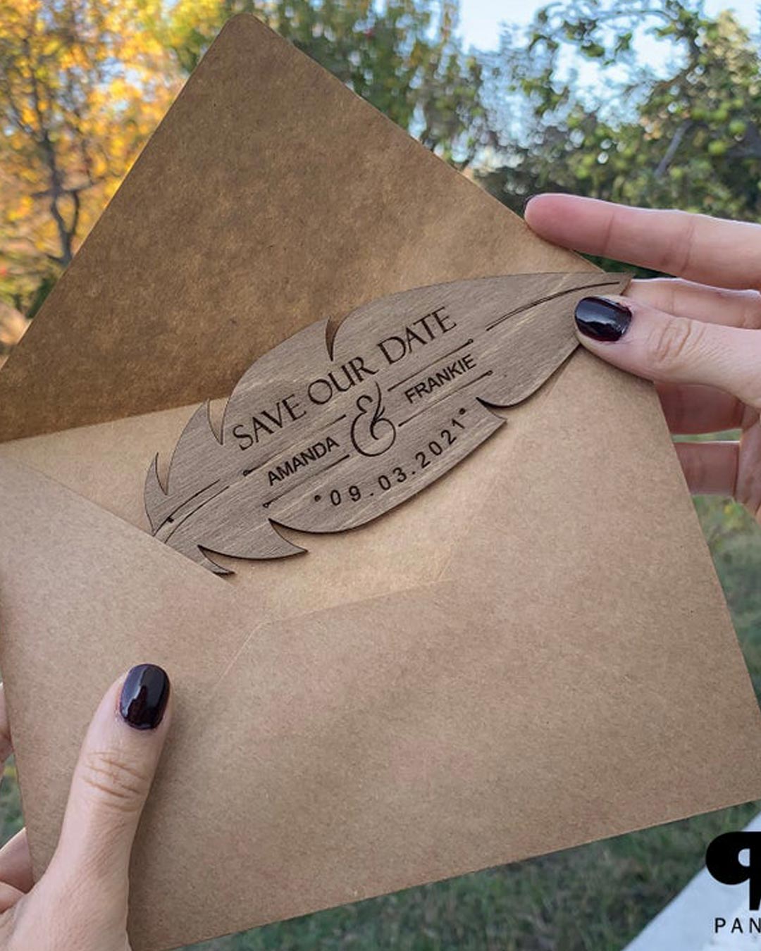 wedding save the dates rustic wooden leaf