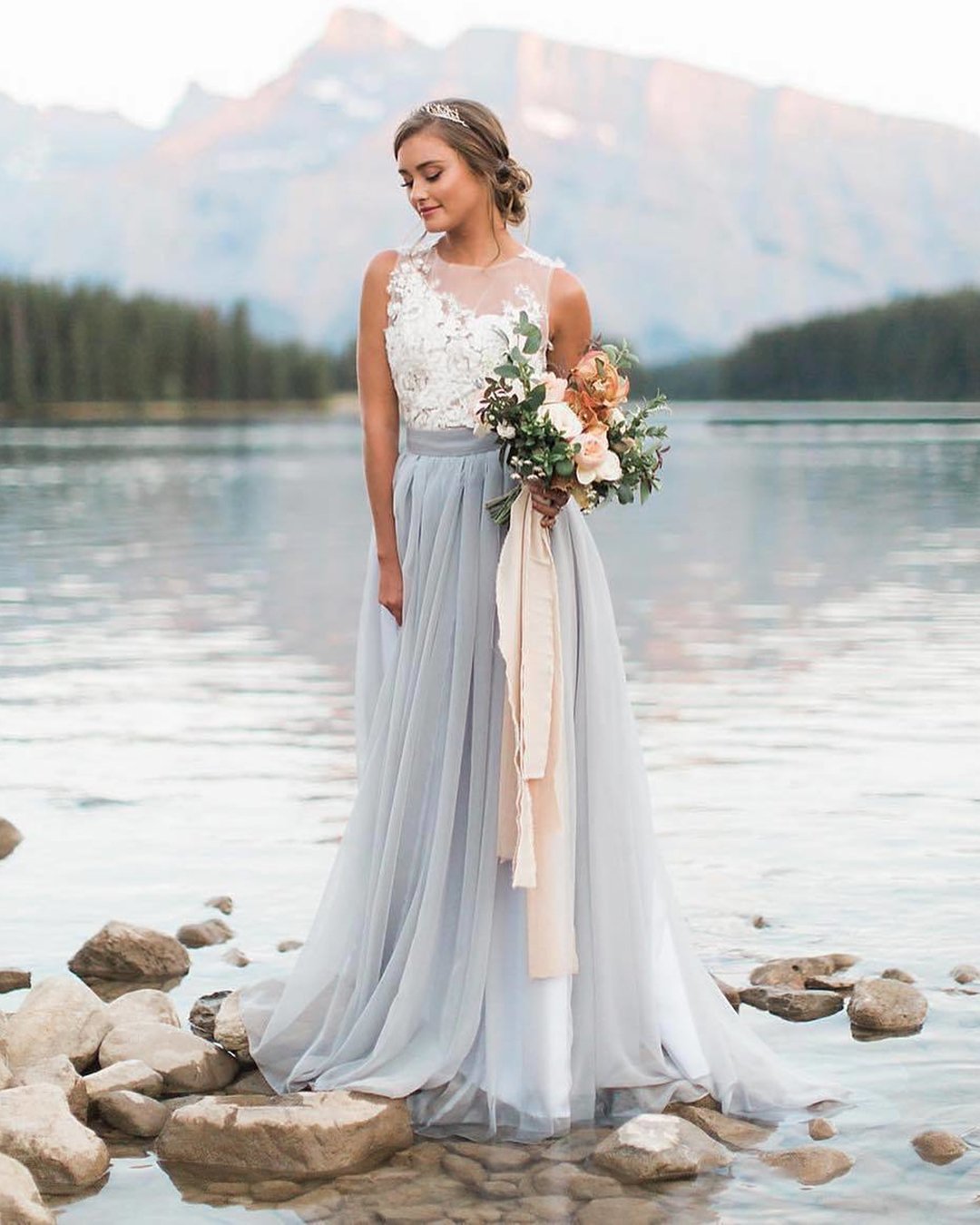 white and blue wedding dresses